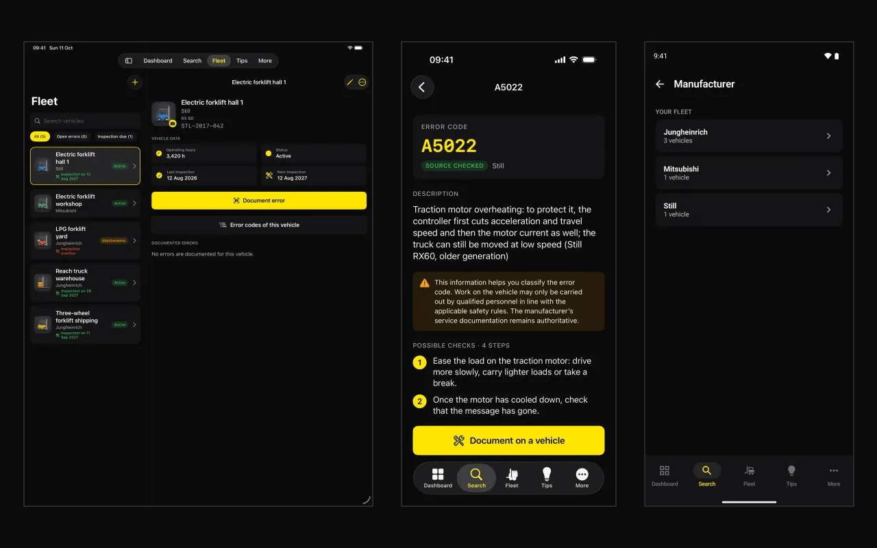 The ForkScan Pro apps on three devices: the fleet with list and details on the iPad, an error code with description and check steps on the iPhone, the manufacturers of your own fleet on an Android phone (sample data)