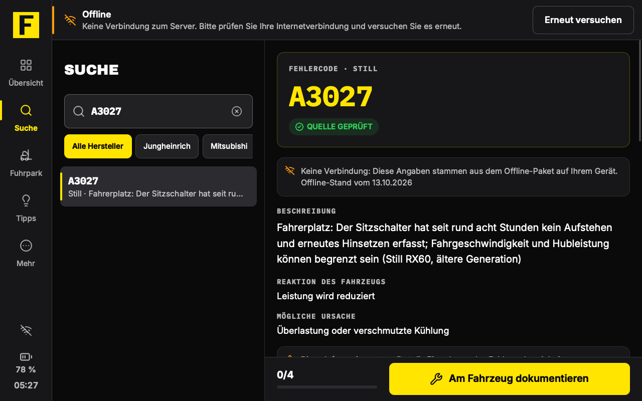 The tablet without a connection, German interface: an “Offline” notice at the top, below it error code A3027 with the note that the details come from the offline pack of 13 October 2026 (sample data)