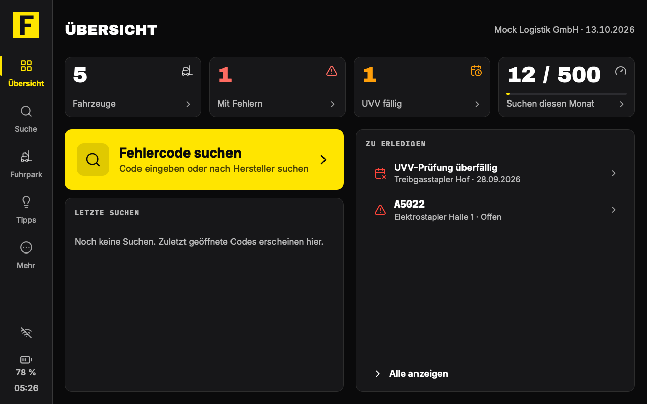 ForkScan Pro on the test device with our own Linux, German interface: the overview with fleet figures, the button to search for an error code and the open tasks (sample data)