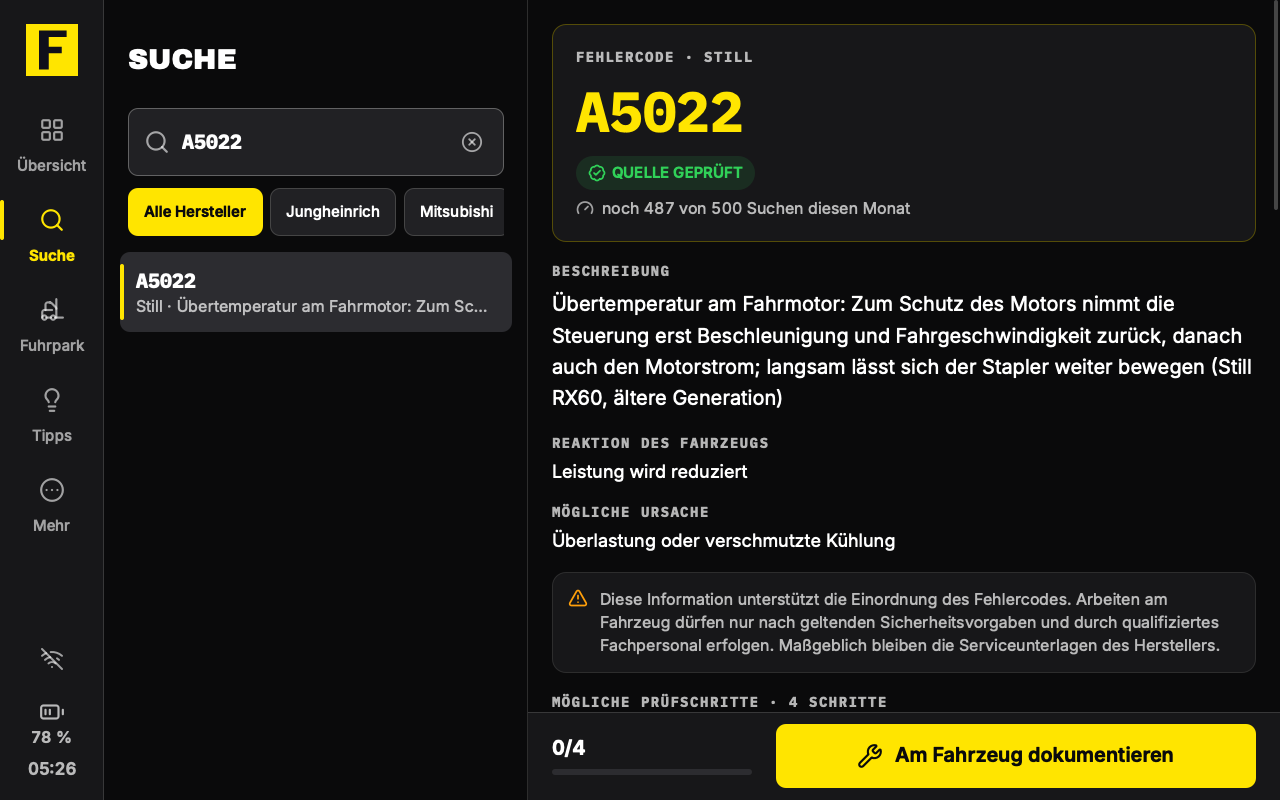 An error code on the tablet, German interface: on the left the search for A5022, on the right description, reaction of the vehicle, possible cause and the safety note (sample data)