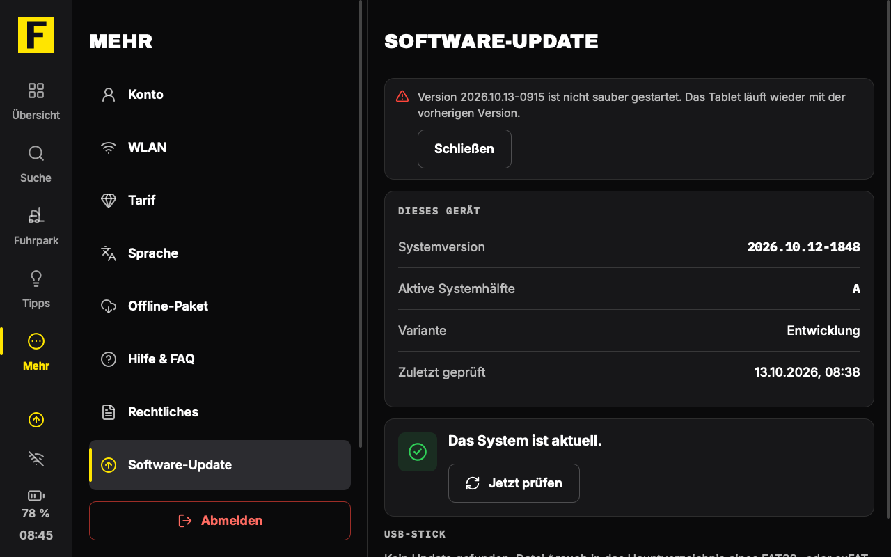 Notice on the tablet, German interface: the new version did not start cleanly, the tablet is running the previous version again