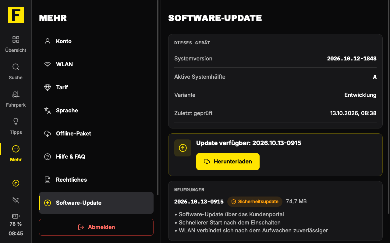 Software update on the tablet, German interface: the installed system version, an available update with the download button and the list of changes