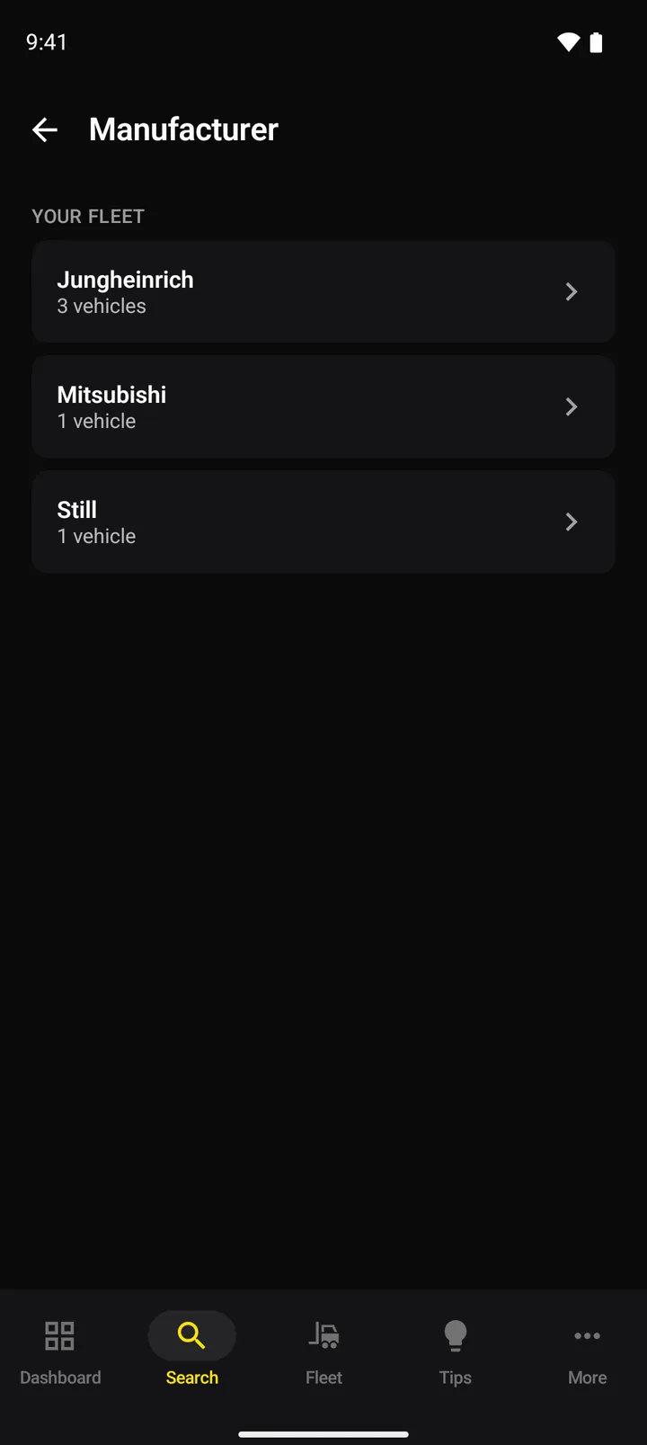 Android phone: search by manufacturer, under “Your fleet” Jungheinrich, Mitsubishi and Still (sample data)