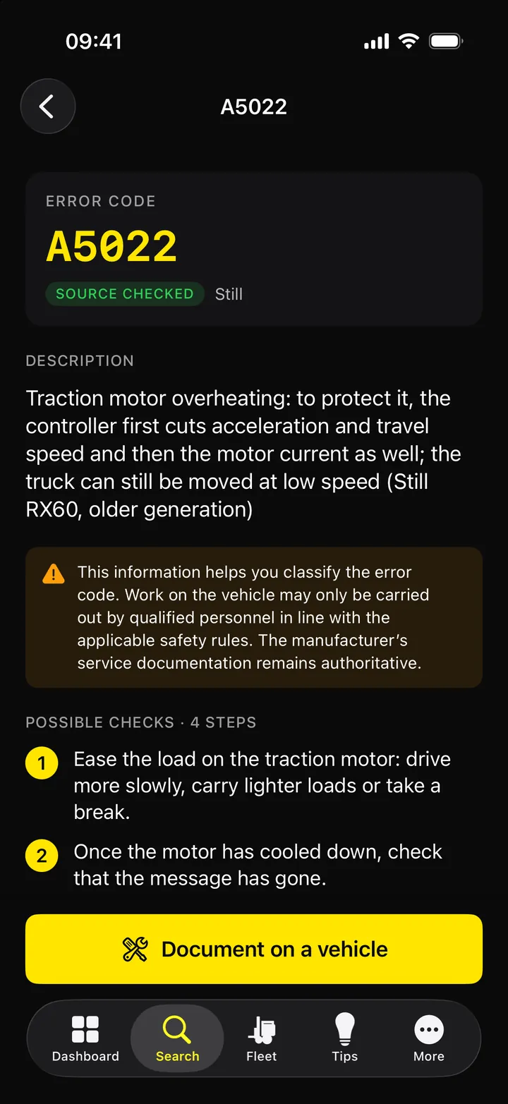 iPhone: result for an error code with description and checks (sample data)