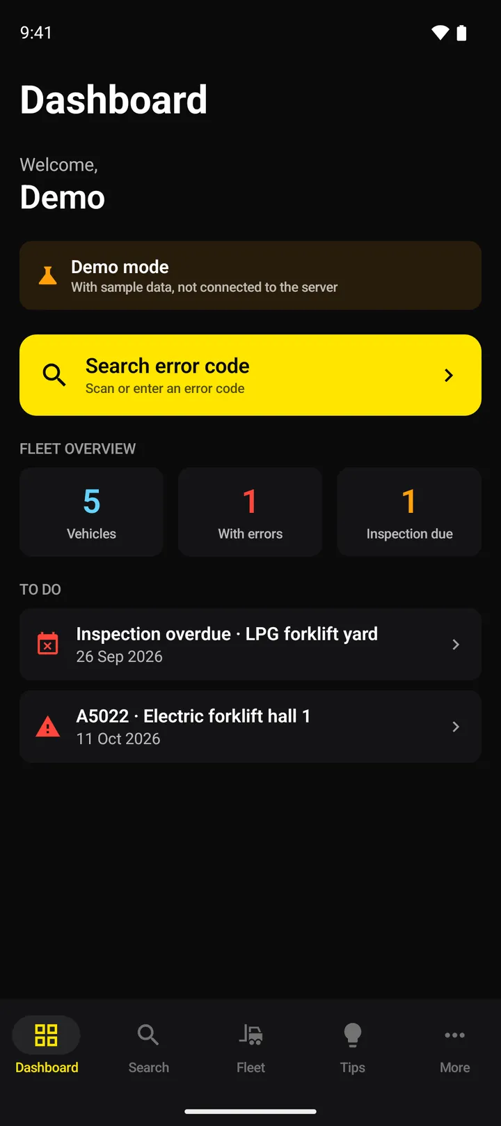 The app's dashboard with the fleet figures