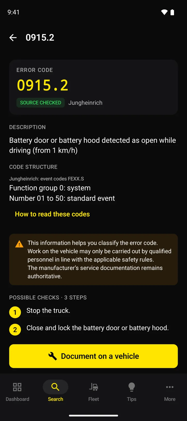 Error code with description, code structure and possible checks in the app
